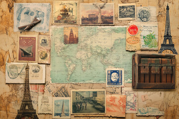 The image features a collage of vintage postcards and stamps arranged on a weathered background