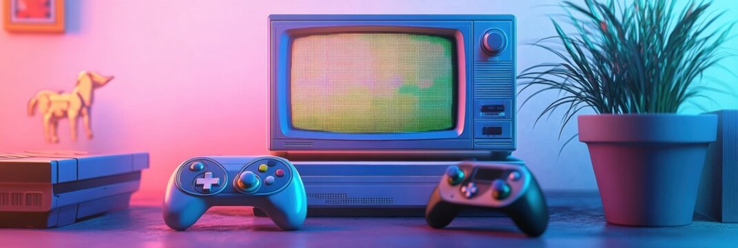 Retro gaming console set up on a table with two controllers and a potted plant in colorful lighting. Generative AI
