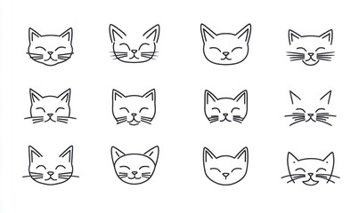 Twelve cute cat face illustrations in minimalist line art style.