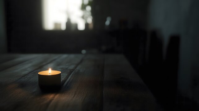Dark room with single candle flickering on wooden table during power outage, creating serene atmosphere with soft glow illuminating scattered items.