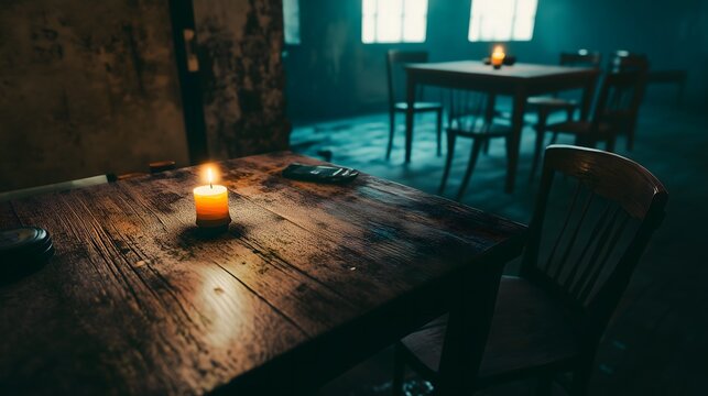 Dark room with single candle flickering on wooden table during power outage, creating serene atmosphere with soft glow illuminating scattered items.