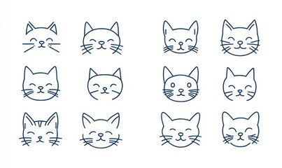 Twelve cute cat face line art icons.