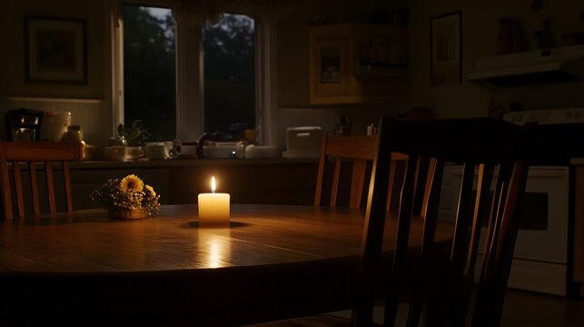 Dark room with single candle flickering on wooden table during power outage, creating serene atmosphere with soft glow illuminating scattered items.