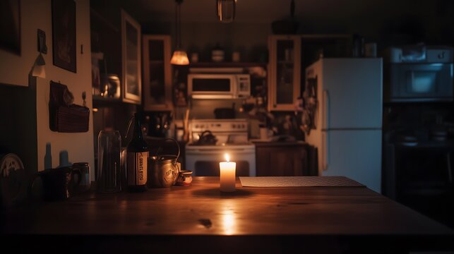 Dark room with single candle flickering on wooden table during power outage, creating serene atmosphere with soft glow illuminating scattered items.