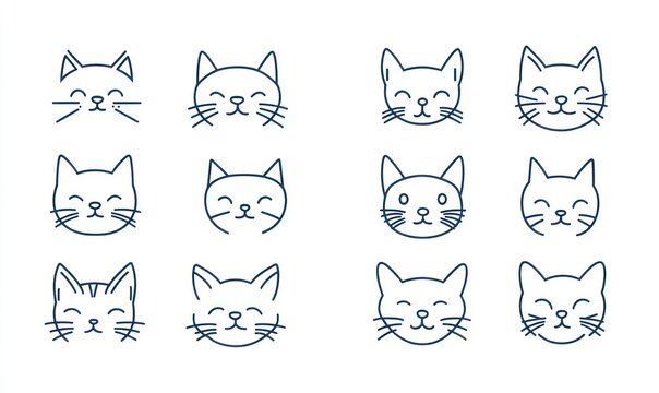 Twelve cute cat face line art icons.
