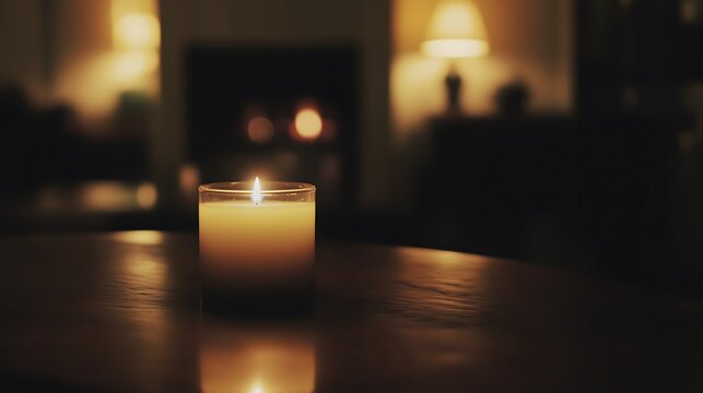 Dark room with single candle flickering on wooden table during power outage, creating serene atmosphere with soft glow illuminating scattered items.