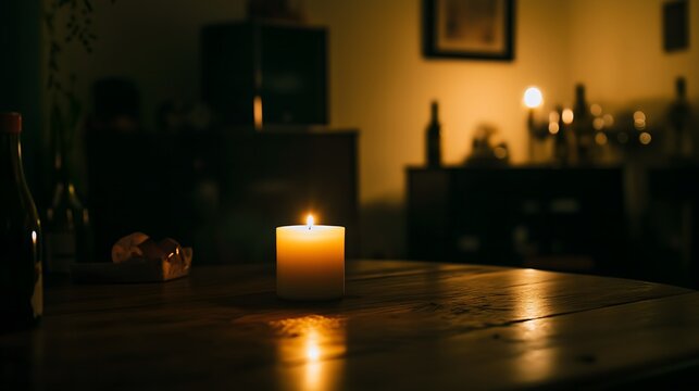 Dark room with single candle flickering on wooden table during power outage, creating serene atmosphere with soft glow illuminating scattered items.
