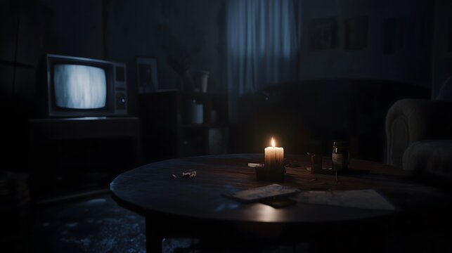 Dark room with single candle flickering on wooden table during power outage, creating serene atmosphere with soft glow illuminating scattered items.