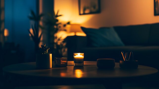 Dark room with single candle flickering on wooden table during power outage, creating serene atmosphere with soft glow illuminating scattered items.