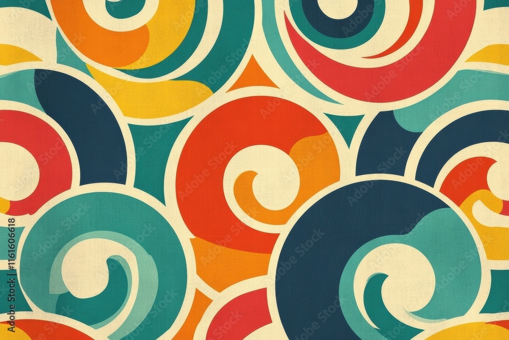 Poster colorful spirals and curved lines create a vibrant retro inspired pattern in 70s color palette. gene