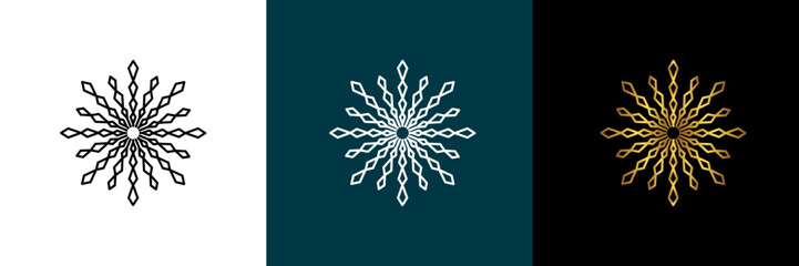 Symmetrical circular graphic for logotype, snowflake. Vector circular pattern. Color black, white, gold. Isolated design element for themes abstract geometrical modern decoration round logo template.