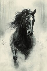Obraz premium An artistic black and white image of stallions, their muscles taut and their manes flowing in the wind