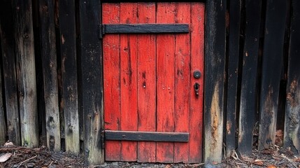 A Rustic Red Wooden Door with Black Trim Set Against a Dark Wooden Wall, Evoking a Sense of Mystery and Charm in Outdoor Architecture