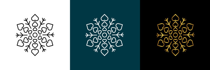 Symmetrical circular graphic for logotype, heart, snowflake. Vector circular pattern. Color black, white, gold. Isolated design element for abstract geometrical modern decoration round logo template.