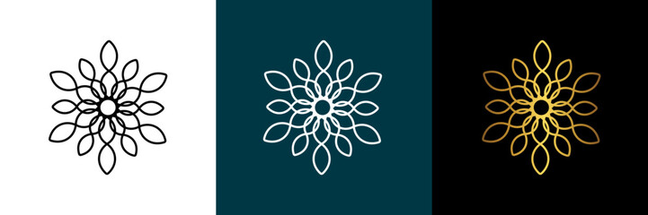 Symmetrical circular graphic for logotype, snowflake. Vector circular pattern. Color black, white, gold. Isolated design element for themes abstract geometrical modern decoration round logo template. © Ksyusha Marysheva