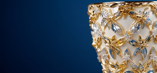 A decorative vase adorned with intricate floral patterns and crystals.