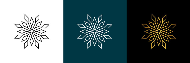 Symmetrical circular graphic for logotype, snowflake. Vector circular pattern. Color black, white, gold. Isolated design element for themes abstract geometrical modern decoration round logo template.