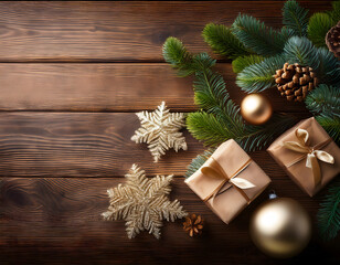 A wooden table with pine branches of gold and silver Christmas decorations