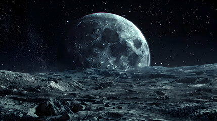 Stunning Lunar Landscape with Bright Moon and Starry Sky