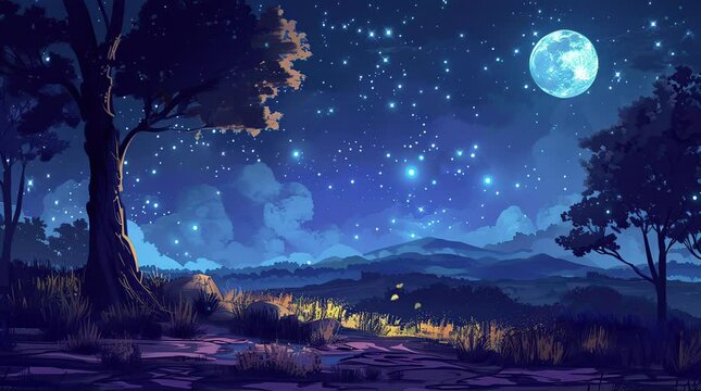 Vast grassland landscape under a full moon, peaceful night scenery with glowing moonlight  
Seamless looping 4k time-lapse virtual video animation Generated AI