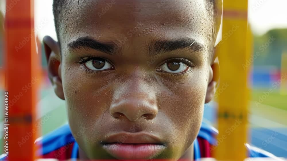 Poster a young athlete intently studying the different colored hurdles each representing a different type o