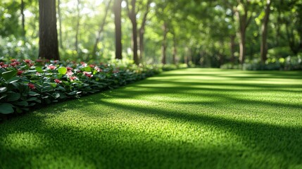 Obraz premium Lush Green Lawn Surrounded by Vibrant Flowerbeds in a Serene Forest Setting on a Bright Sunny Day with Soft Shadows Playing on the Grass