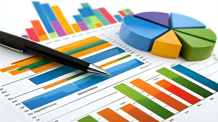 Financial charts, graphs, and pen on desk.