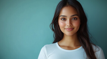Fototapeta premium 30 year old Indian woman, wearing a round white t-shirt, looking directly at the camera with a subtle smile with blue limbo background