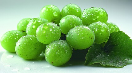 Fresh and Juicy Green Grapes with Water Droplets on a Bright Surface, Perfect for Healthy Eating and Culinary Inspiration in Food Photography