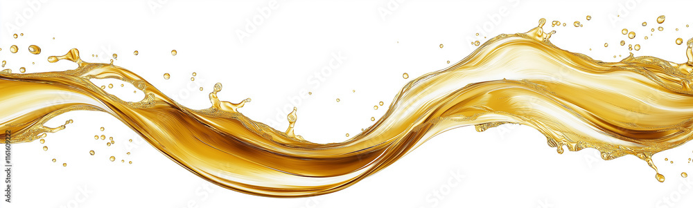 Poster golden liquid splashing and forming a beautiful wave on white background