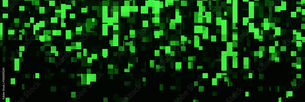 Poster Green pixels falling creating digital rain effect on black background