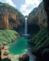 Fototapeta premium A powerful waterfall plunging into a lush, emerald-green canyon