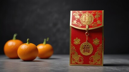 Fototapeta premium Mandarin orange Chinese gold and red packet isolated