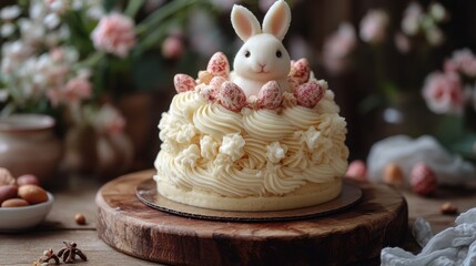 A modern take on a classic Easter bunny cake, featuring fluffy layers of white chocolate mousse, a soft sponge, and a delicate floral garnish