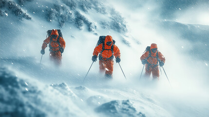 Mountaineers climbing snowy mountain during snowstorm