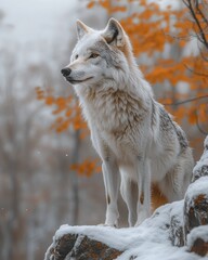 Fototapeta premium A majestic, snow-covered wolf standing proudly in a pristine forest