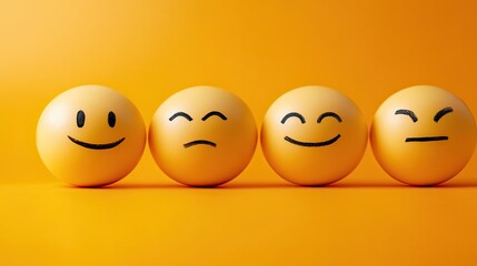Four emoji spheres showing happy, sad, smiling, and ambivalent expressions on orange background.