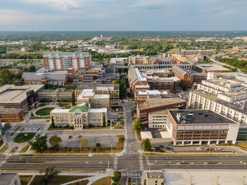 High-angle view of a university campus, showing various buildings, parking lots, and roads. Urban sprawl, educational hub. Iu Indianapolis, Indianapolis, Indiana, United States