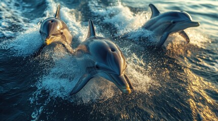 A group of playful dolphins riding the waves alongside a boat