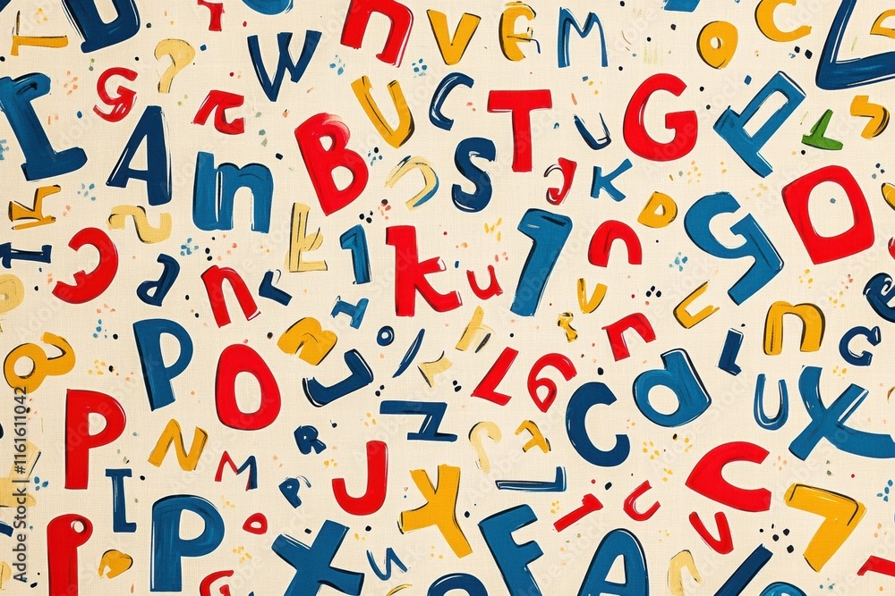 Poster Colorful playful pattern of stylized letters and numbers scattered across a light background for creative design inspiration. Generative AI