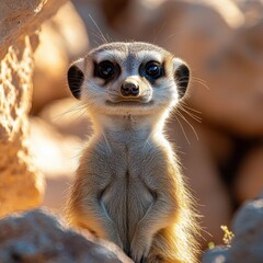 Fototapeta premium A beautiful portrait of a curious meerkat standing on its hind legs and peering out over a rocky landscape 