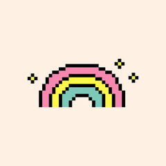 Obraz premium Rainbow arch emoji. Rainbow pixel art icon. Colorful retro sticker. Editable pixel vector illustration. Cute badge. Game abstract element. Y2k modern geometric shape for collage, poster. Mood of 90s