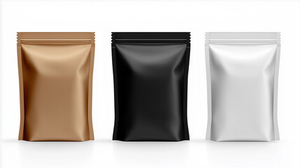 Three foil pouches for food packaging standing on white background