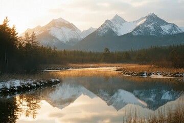 Serene mountain landscape reflecting in a calm river at sunset.