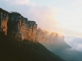 A breathtaking view of a mountain range at sunrise, shrouded in mist and soft light.