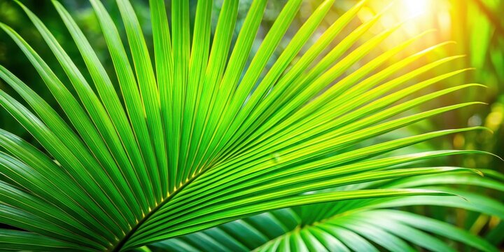 Close-up shot of a vibrant green palm leaf in a tropical garden, lush, green, palm leaf, tropical, garden, close-up, shot, vibrant