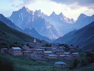 A serene mountain village surrounded by majestic peaks at twilight.