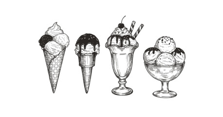 Ice cream vector sketch desserts. Hand drawn wafer cone, gelato, chocolate glazed, sundae, and ice cream served in a glass bowl. Transparent background PNG cutout
