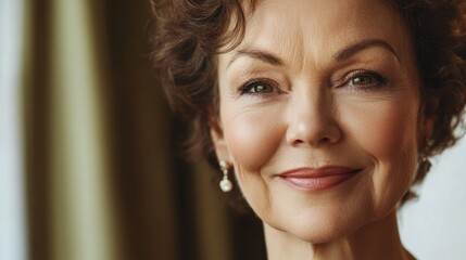 Fototapeta premium Close-up portrait of a middle-aged woman smiling elegantly, showcasing her graceful features