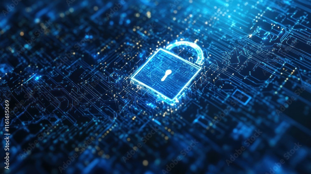 Poster cybersecurity-themed blue background with intricate patterns.